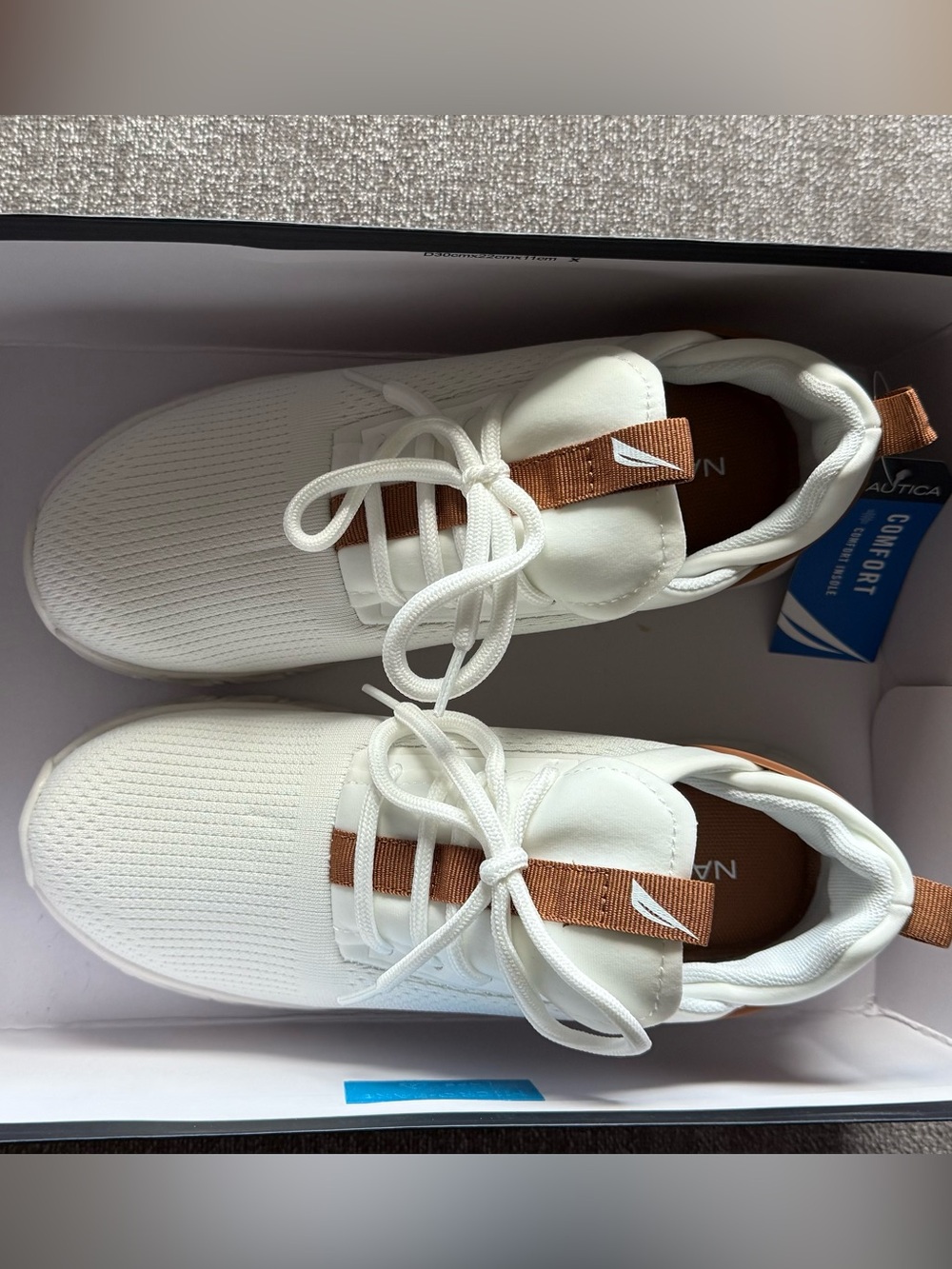 Nautica White Knit Sneakers with Brown Accent